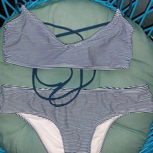 Navy blue and white striped bikini set